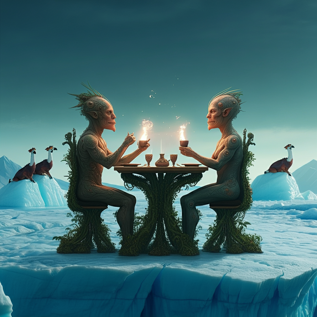 2 humanoids sitting at a table on an iceberg